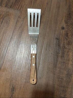 Wood-Handled Metal Slotted Turner Spatula - Brown